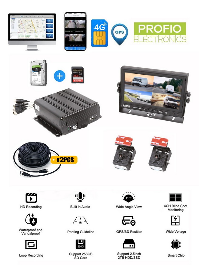 4 channel car camera system with Wifi + 4G SIM with FULL HD - PROFIO X7